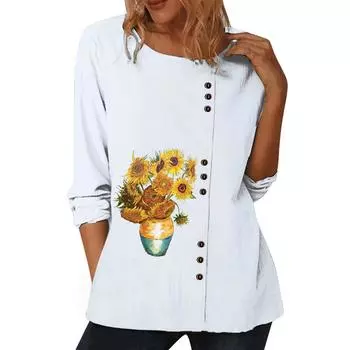 Женский повседневный топ белого цвета с короткими рукавами, круглым вырезом, 6 модными цветочными принтами и пуговицами S