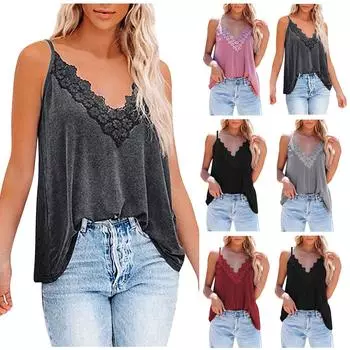 Женский повседневный топ без рукавов, однотонный жилет с v-образным вырезом и цветочным кружевом, свободный жилет на бретельках L