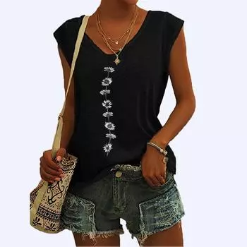 Женский повседневный топ без рукавов с v-образным вырезом, женская мода, летний жилет с принтом, рубашка, женский пуловер, майка S чёрный