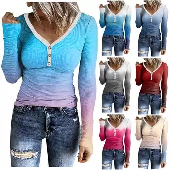 Женский повседневный топ для похудения с v-образным вырезом и пуговицами в градиентную полоску с длинными рукавами S синий