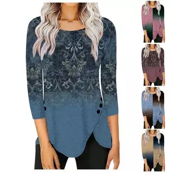 Женский повседневный топ, летняя женская этническая рубашка больших размеров Повседневная летняя футболка Женский топ, классическая рубашка с рукавом 3/4 и круглым вырезом Пуловер L синий