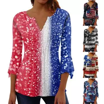 Женский повседневный топ на пуговицах с длинными рукавами и v-образным вырезом в честь Дня независимости L чёрный