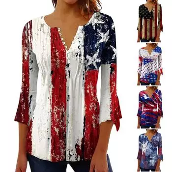 Женский повседневный топ на пуговицах с длинными рукавами и v-образным вырезом в честь Дня независимости M