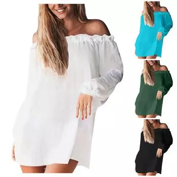 Женский повседневный топ-пуловер, однотонная свободная блузка, повседневная шифоновая женская одежда с открытыми плечами M чёрный