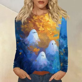 Женский повседневный топ с длинным рукавом и принтом, с круглым вырезом S оранжевый