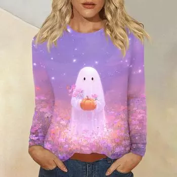 Женский повседневный топ с длинным рукавом и принтом, с круглым вырезом XXL