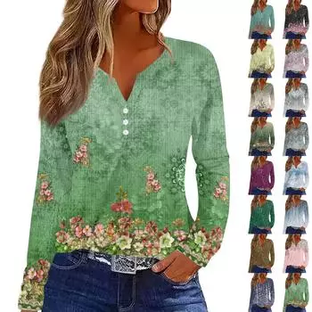 Женский повседневный топ с длинным рукавом и цветочным принтом, V-образным вырезом XXXL розовый