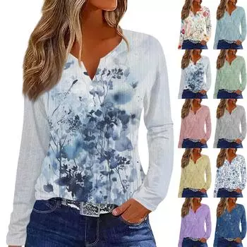 Женский повседневный топ с длинным рукавом и цветочным принтом, V-образным вырезом M