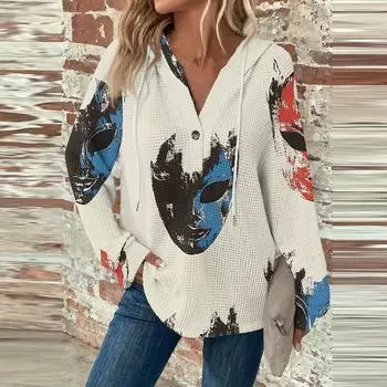 Женский повседневный топ с длинным рукавом, пуговицами, V-образным вырезом, принтом ко Дню святого Валентина, затягивающимся шнурком и капюшоном L бежевый