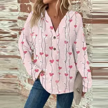 Женский повседневный топ с длинным рукавом, пуговицами, V-образным вырезом, принтом ко Дню святого Валентина, затягивающимся шнурком и капюшоном L бежевый