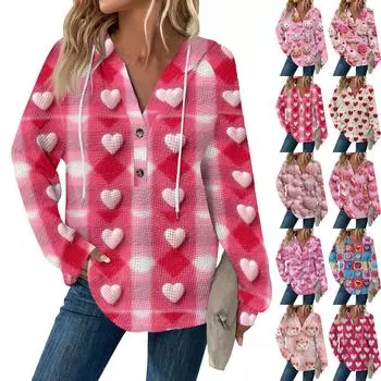 Женский повседневный топ с длинным рукавом, пуговицами, V-образным вырезом, принтом ко Дню святого Валентина, затягивающимся шнурком и капюшоном L бежевый