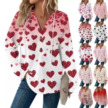 Женский повседневный топ с длинным рукавом, пуговицами, V-образным вырезом, принтом ко Дню святого Валентина, затягивающимся шнурком и капюшоном S бежевый