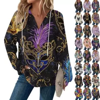 Женский повседневный топ с длинным рукавом, пуговицами, V-образным вырезом, принтом ко Дню святого Валентина, затягивающимся шнурком и капюшоном S чёрный