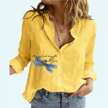 Женский повседневный топ с длинными рукавами и принтом стрекозы, модные женские льняные блузки, женская летняя и осенняя рубашка на пуговицах с лацканами и воротником S белый