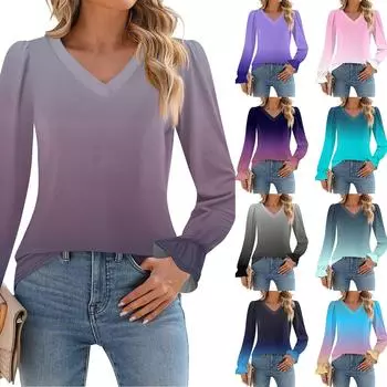 Женский повседневный топ с длинными рукавами и полосатым принтом, с v-образным вырезом XL