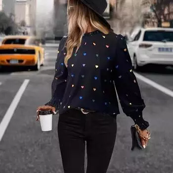 Женский повседневный топ с длинными рукавами и принтом Love S тёмно-синий