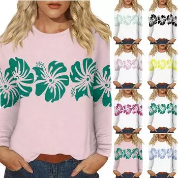 Женский повседневный топ с длинными рукавами и круглым вырезом с цветочным принтом S чёрный