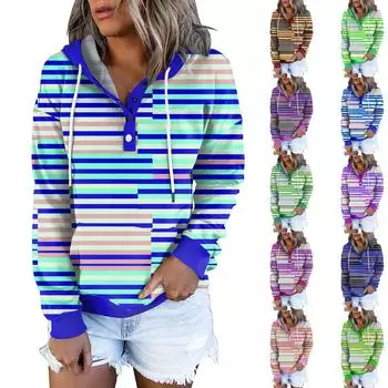 Женский повседневный топ с длинными рукавами, контрастными полосками и принтом, свободный топ с капюшоном L