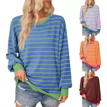 Женский повседневный топ с длинными рукавами, полосатая цветная толстовка с длинными рукавами L розовый