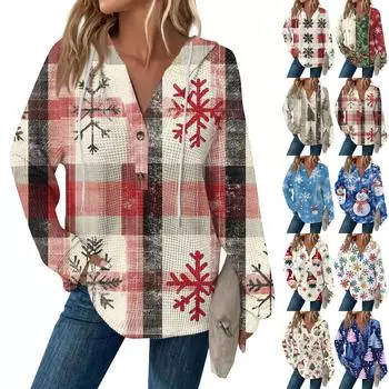 Женский повседневный топ с длинными рукавами, пуговицами, V-образным вырезом, рождественским принтом, завязками и капюшоном XXL