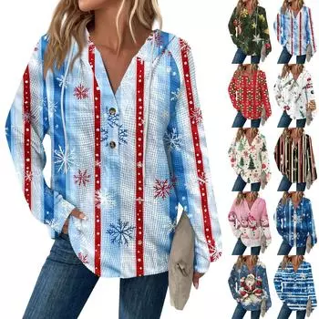 Женский повседневный топ с длинными рукавами, пуговицами, V-образным вырезом, рождественским принтом, завязками и капюшоном S бежевый