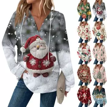 Женский повседневный топ с длинными рукавами, пуговицами, V-образным вырезом, рождественским принтом, завязками и капюшоном S