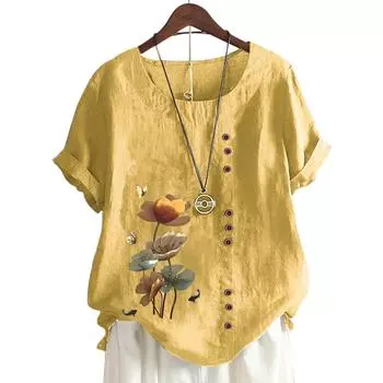 Женский повседневный топ с короткими рукавами, круглым вырезом и 11 яркими цветочными принтами S синий