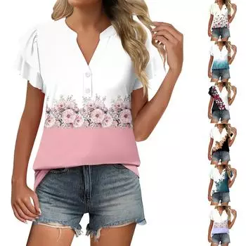 Женский повседневный топ с короткими рукавами, застегивающийся на пуговицы и V-образным вырезом, с градиентными оборками и принтами L бежевый