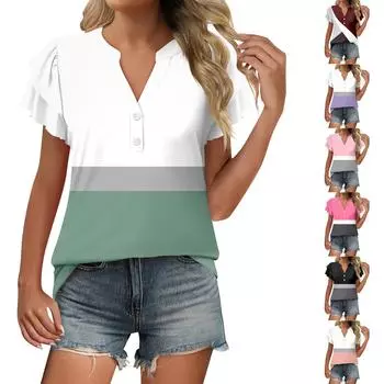 Женский повседневный топ с короткими рукавами, застегивающийся на пуговицы и V-образным вырезом, с градиентными оборками и принтами L чёрный