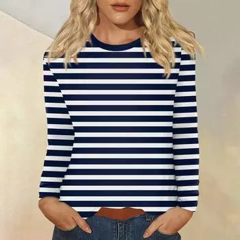 Женский повседневный топ с круглым вырезом и длинными рукавами в полоску с принтом L чёрный