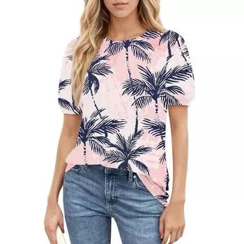 Женский повседневный топ с круглым вырезом и коротким рукавом, с плиссировкой и расклешенными рукавами, с цветочным принтом XXL розовый