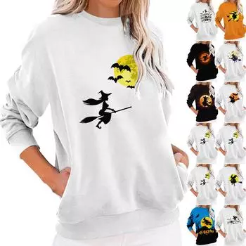 Женский повседневный топ с круглым вырезом и длинными рукавами, с карманом и принтом на Хэллоуин S