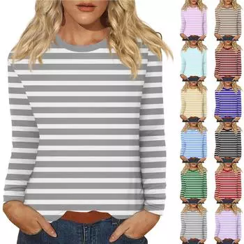 Женский повседневный топ с круглым вырезом и длинными рукавами в полоску с принтом L армия зеленый