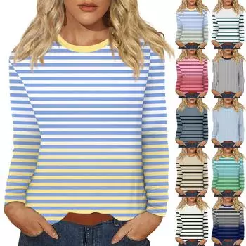 Женский повседневный топ с круглым вырезом и длинными рукавами в полоску с принтом L чёрный