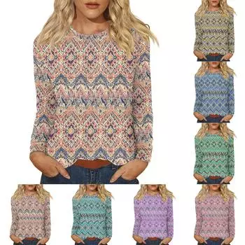 Женский повседневный топ с круглым вырезом и длинными рукавами с принтом L синий