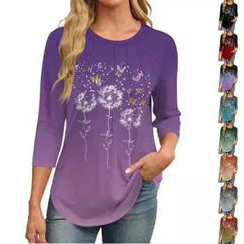 Женский повседневный топ с круглым вырезом и принтом подсолнечника, плиссированный L армия зеленый