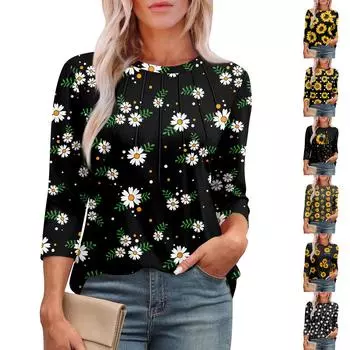 Женский повседневный топ с круглым вырезом и принтом подсолнечника, плиссированный L чёрный