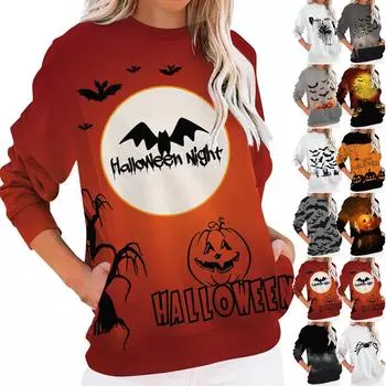Женский повседневный топ с круглым вырезом и длинными рукавами, с карманом и принтом на Хэллоуин XXXL чёрный