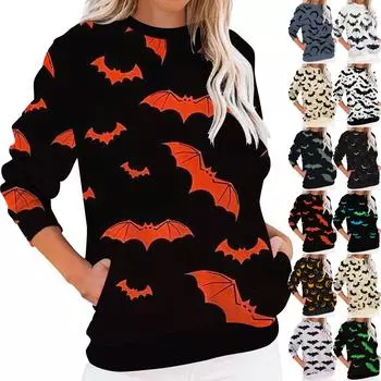 Женский повседневный топ с круглым вырезом и длинными рукавами, с карманом и принтом на Хэллоуин XL белый