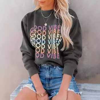 Женский повседневный топ с круглым вырезом и принтом на осень/зиму S темно-серого