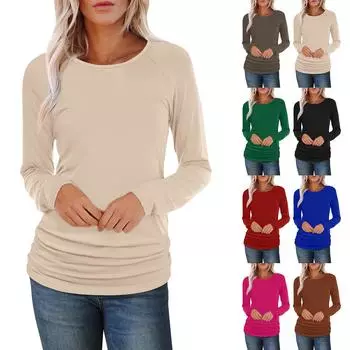 Женский повседневный топ с круглым вырезом и длинными рукавами, подол, боковая оборка L чёрный