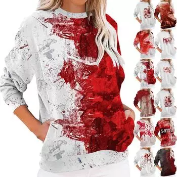 Женский повседневный топ с круглым вырезом и длинными рукавами, с карманом и принтом на Хэллоуин XL
