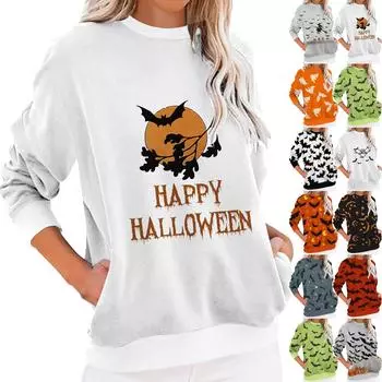 Женский повседневный топ с круглым вырезом и длинными рукавами, с карманом и принтом на Хэллоуин M