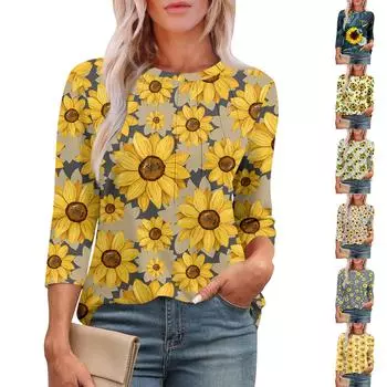 Женский повседневный топ с круглым вырезом и принтом подсолнечника, плиссированный S бежевый