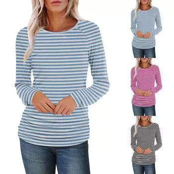 Женский повседневный топ с круглым вырезом и длинными рукавами, подол, боковая оборка L чёрный