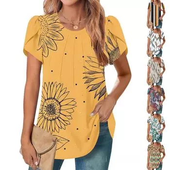 Женский повседневный топ с круглым вырезом и коротким рукавом, с плиссировкой и расклешенными рукавами, с цветочным принтом L бежевый