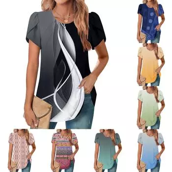 Женский повседневный топ с круглым вырезом и коротким рукавом, с плиссировкой и расклешенными рукавами, с цветочным принтом L чёрный