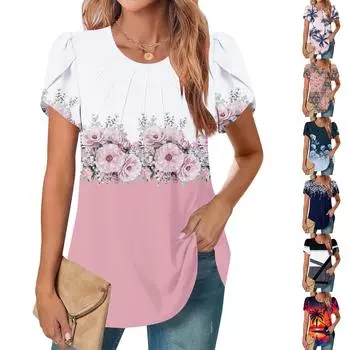 Женский повседневный топ с круглым вырезом и коротким рукавом, с плиссировкой и расклешенными рукавами, с цветочным принтом L чёрный