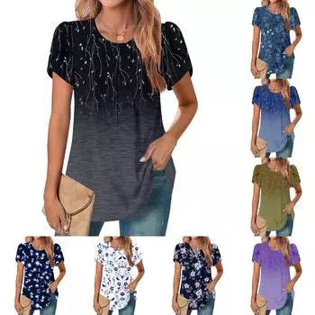 Женский повседневный топ с круглым вырезом и коротким рукавом, с плиссировкой и расклешенными рукавами, с цветочным принтом L чёрный