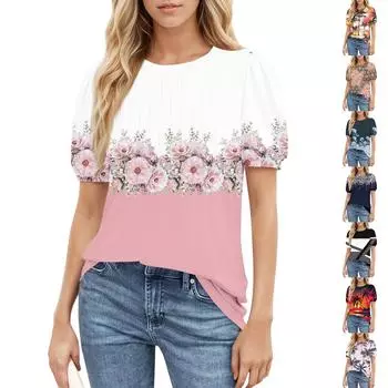 Женский повседневный топ с круглым вырезом и коротким рукавом, с плиссировкой и расклешенными рукавами, с цветочным принтом M